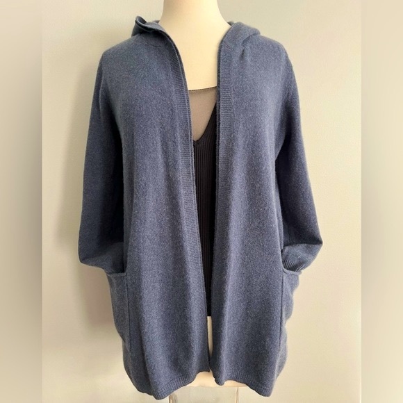 Tahari Hooded Cashmere Long Cardigan Sweater Coat Wrap Blue Womens M - Picture 5 of 17